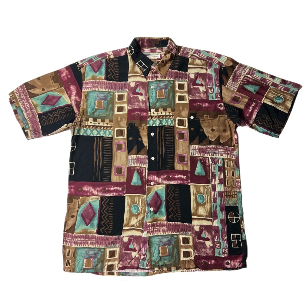 Vintage Burma Bibas Abstract Art Short Sleeve Button Up Rayon Shirt L